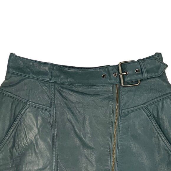 Glen Wood Vintage Soft Leather Skirt 8 Green Mini Angled Front Zip Pocket Retro - Picture 7 of 12